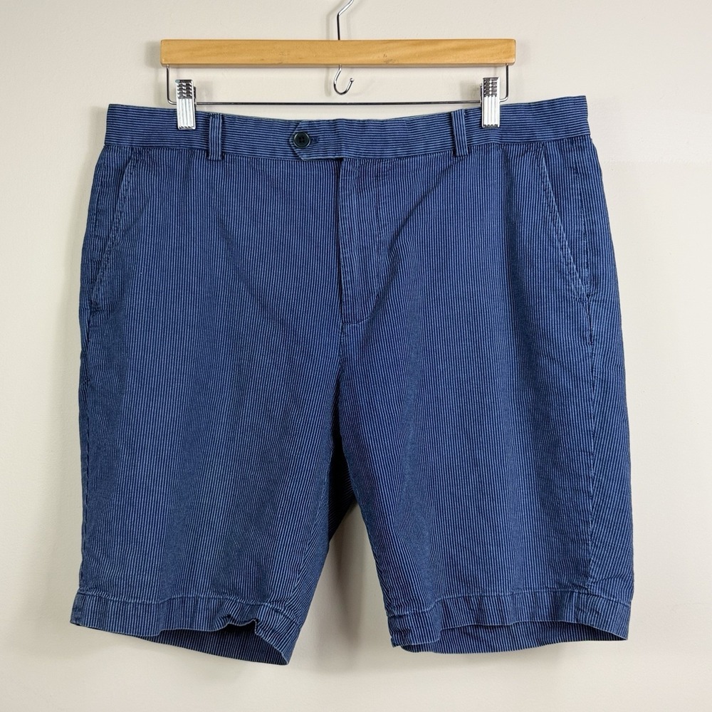 Brooks Brothers Mens Blue Stripe Cotton Bermuda Shorts Flat Front Button Pockets